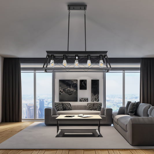 5-light farmhouse pendant light, metal pendant light island fixture, modern rectangular island light, pure black (no bulb)