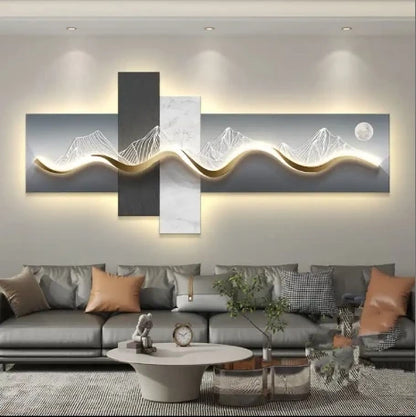 Abstract mountain and sea sofa background wall painting light with light ambience luminous hanging picture high-grade LED lights