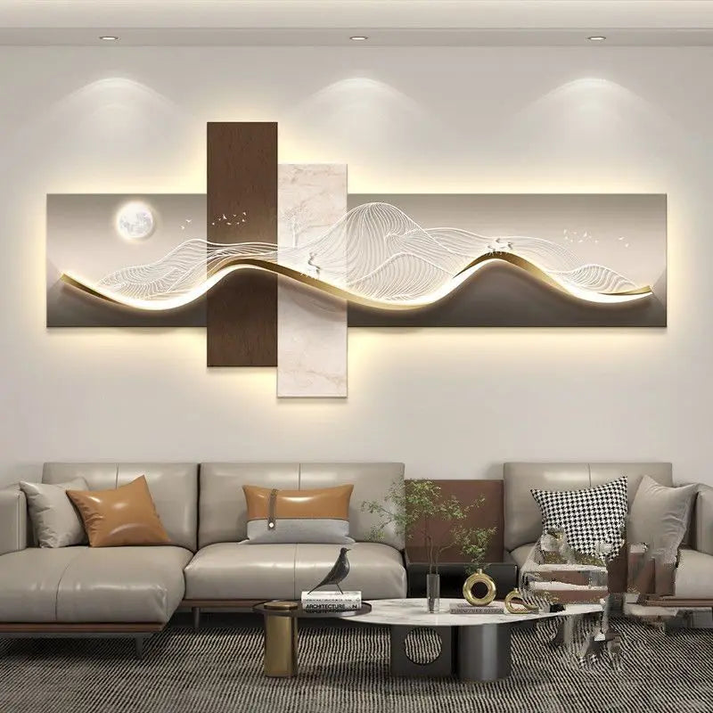Abstract mountain and sea sofa background wall painting light with light ambience luminous hanging picture high-grade LED lights