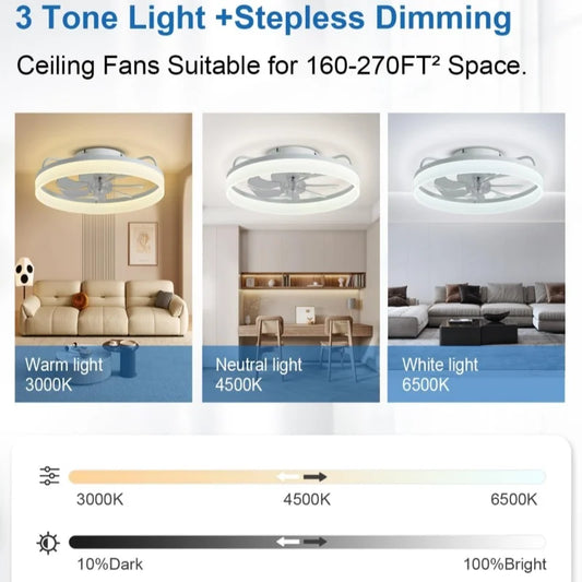 19.7-inch embedded LED ceiling fan with light and remote control, adjustable brightness from 3000K to 6500K for adjustable light