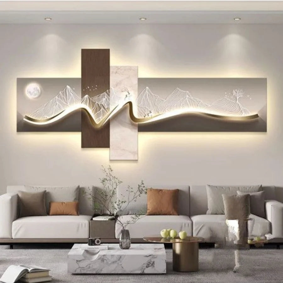 Abstract mountain and sea sofa background wall painting light with light ambience luminous hanging picture high-grade LED lights
