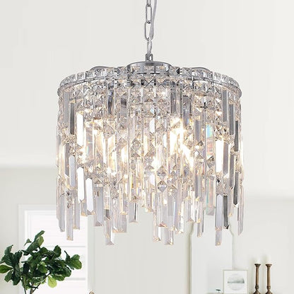 Silver elegant oval crystal pendant light, modern ceiling fixture with reflective suspended crystal (bulb not included)